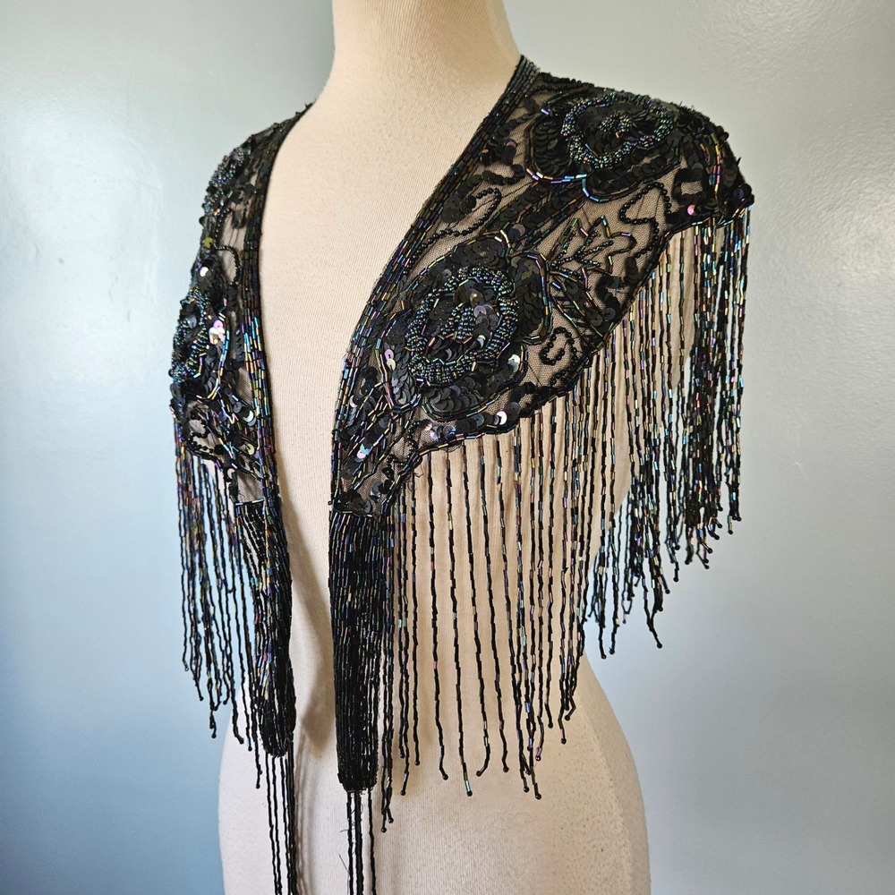 Vtg Beaded Sequin Capelet Iridescent Oil Slick Fringe Mesh Shrug Shawl Black